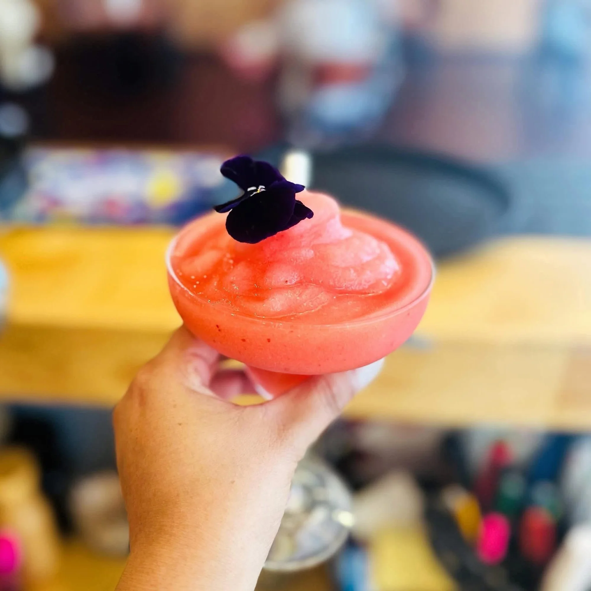 Frozen pink cocktail garnished with a purple edible pansy in a coupe glass