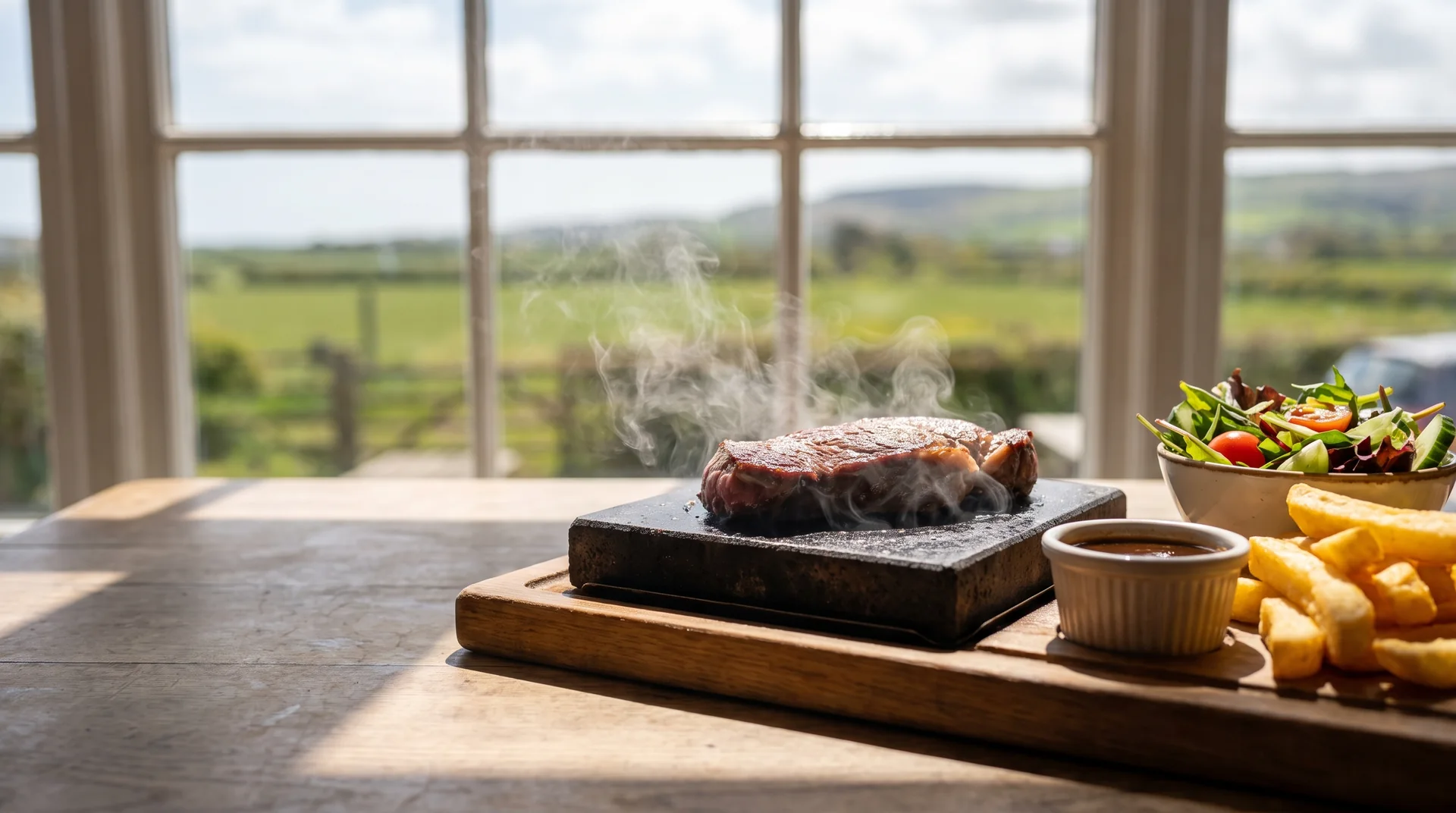 Stone-grilled steak steaming on a hot stone with fries and salad