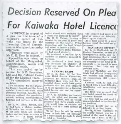 Newspaper report on the Kaiwaka hotel licence application